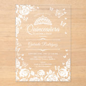 White Quinceanera Roses Butterflies アクリル招待状 (正面)