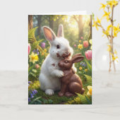 White Rabbit Licking a Chocolate Easter Bunny カード (黄色い花)