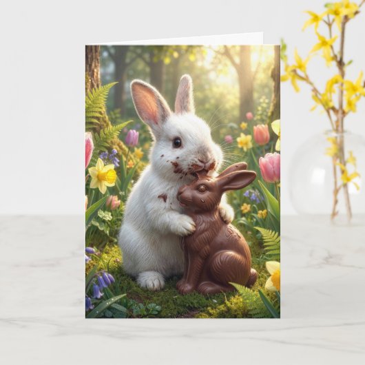 White Rabbit Licking a Chocolate Easter Bunny カード (黄色い花)