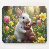 White Rabbit Licking a Chocolate Easter Bunny マウスパッド (正面)