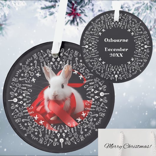 White rabbit with red ribbon on Black Holiday オーナメント