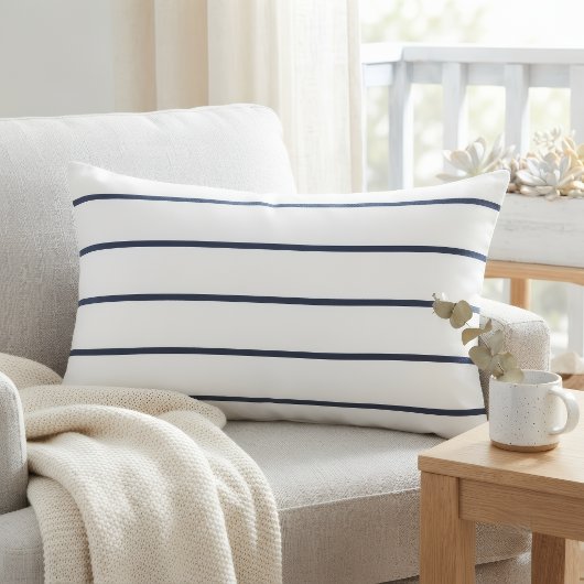 White Rectangular Accent Pillow with Blue Stripes アクセントクッション