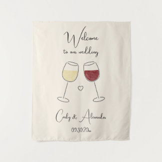White Red Wine Glass Wedding Welcome タペストリー