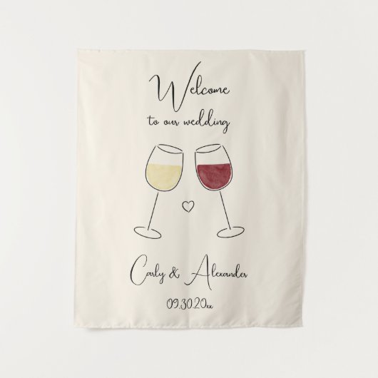 White Red Wine Glass Wedding Welcome タペストリー (正面)