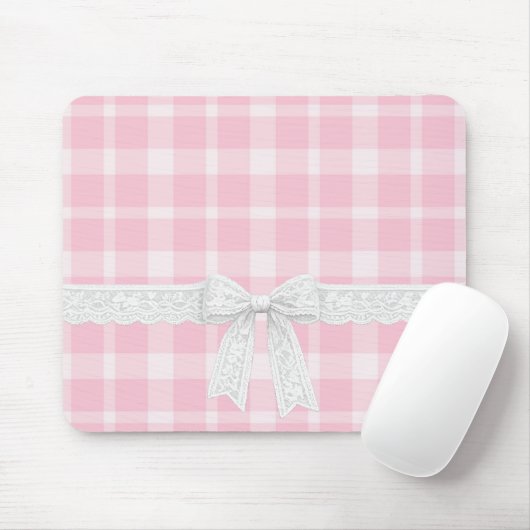 White Ribbon and Bow on Pink Plaid マウスパッド (マウス)