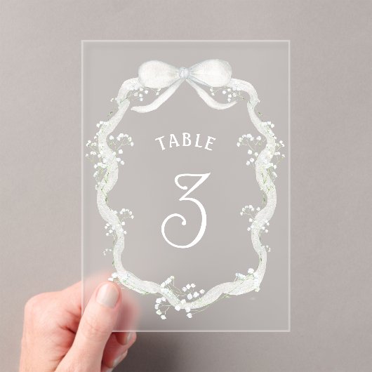 White Ribbon Baby's Breath Acrylic Table Number アクリル招待状 (インサイチュ (ポータブル))