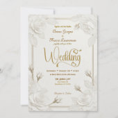 White Rose 3D Paper Cut Effect Faux Gold Wedding 招待状 (正面)