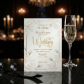 White Rose 3D Paper Cut Effect Faux Gold Wedding 招待状