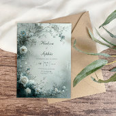 White Rose and Dusty Blue Mist Winter Wedding 招待状