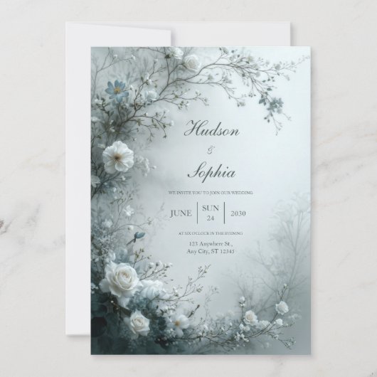 White Rose and Dusty Blue Mist Winter Wedding 招待状 (正面)