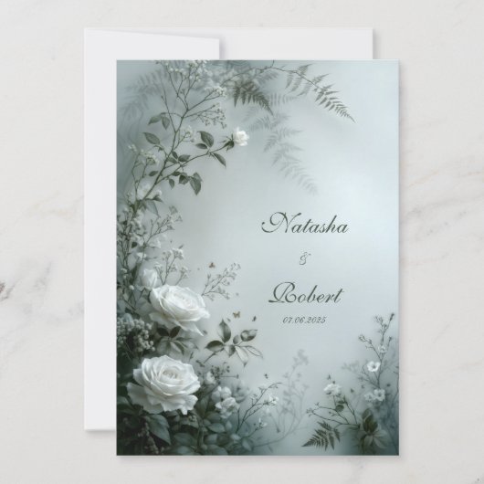White Rose and Dusty Gray Fern Winter Wedding 招待状 (正面)