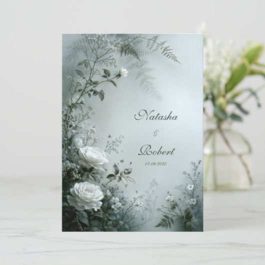 White Rose and Dusty Gray Fern Winter Wedding 招待状 (スタンド正面)