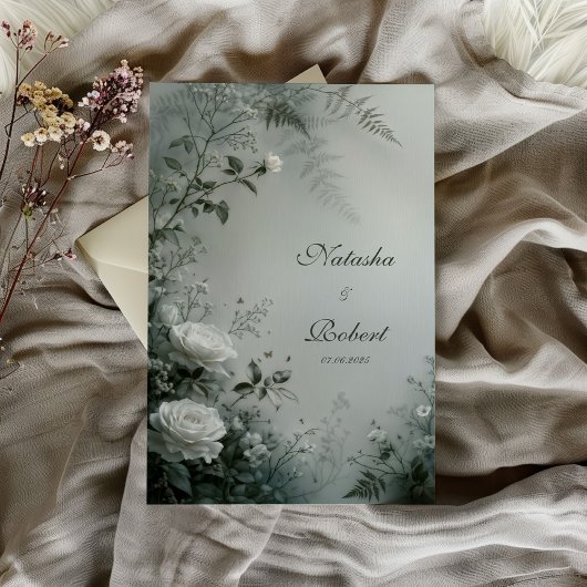 White Rose and Dusty Gray Fern Winter Wedding 招待状