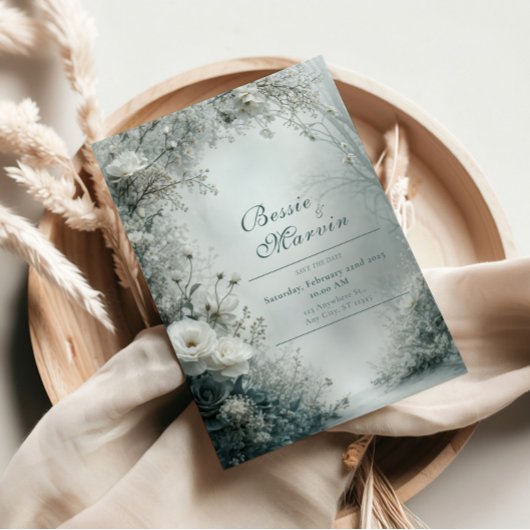 White Rose and Dusty Gray Winter Wedding 招待状