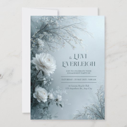 White Rose and Icy Blue Mist Winter Wedding 招待状 (正面)