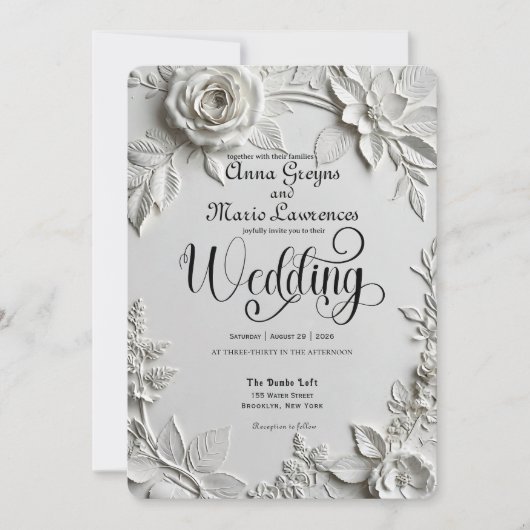 White Rose Bas Relief Faux Embossed Wedding 招待状 (正面)