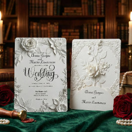 White Rose Bas Relief Faux Embossed Wedding  招待状