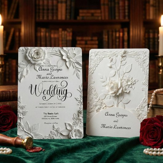 White Rose Bas Relief Faux Embossed Wedding 招待状