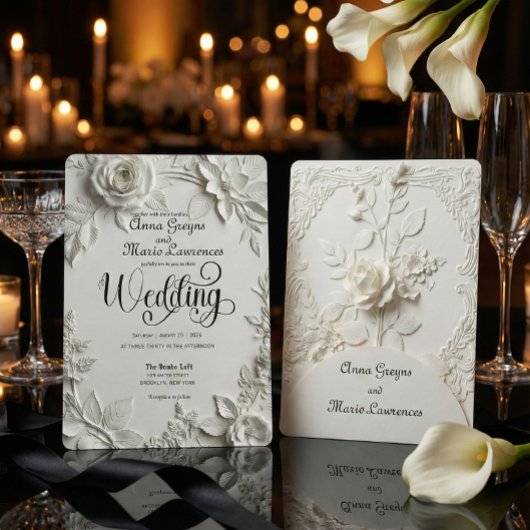 White Rose Bas Relief Faux Embossed Wedding  招待状