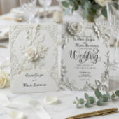 White Rose Bas Relief Faux Embossed Wedding  招待状