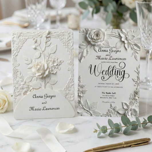 White Rose Bas Relief Faux Embossed Wedding  招待状