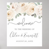White Rose Botanical Wedding Welcome Sign ポスター (正面)