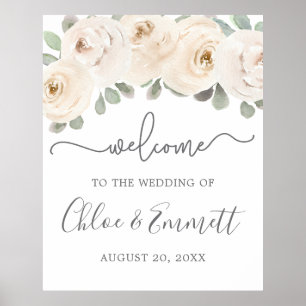 White Rose Botanical Wedding Welcome Sign ポスター
