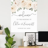 White Rose Botanical Wedding Welcome Sign ポスター (ホームオフィス)