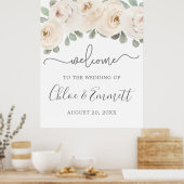White Rose Botanical Wedding Welcome Sign ポスター (キッチン)