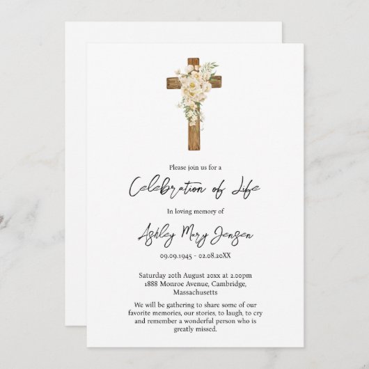 White rose Cross Celebration of Life Funeral 招待状 (正面/裏面)