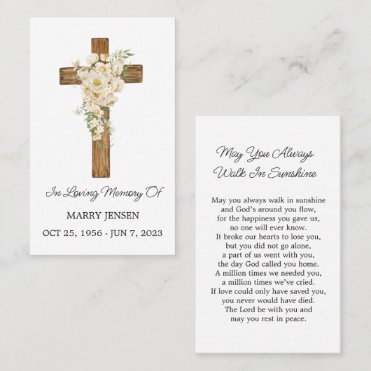 White rose Cross Memorial Funeral Prayer Card 名刺 (正面/裏面)
