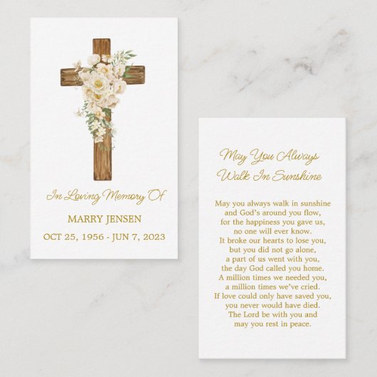 White rose Cross Memorial Funeral Prayer Card 名刺 (正面/裏面)