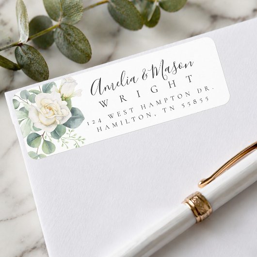 White Rose Eucalyptus Wedding Return Address ラベル