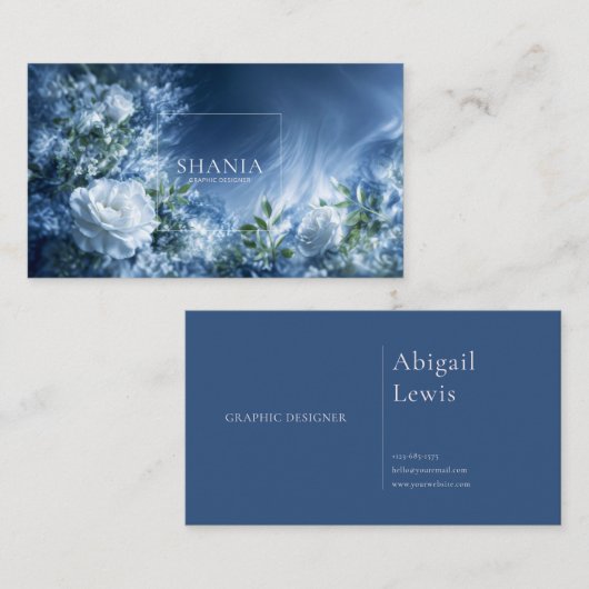 White Rose Floral and Dark Blue Cosmic Swirl 名刺 (正面/裏面)