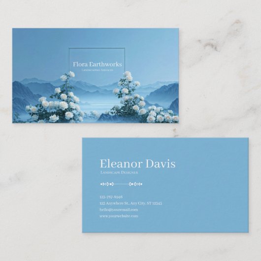 White Rose Floral and Misty Blue Mountain Frame 名刺 (正面/裏面)