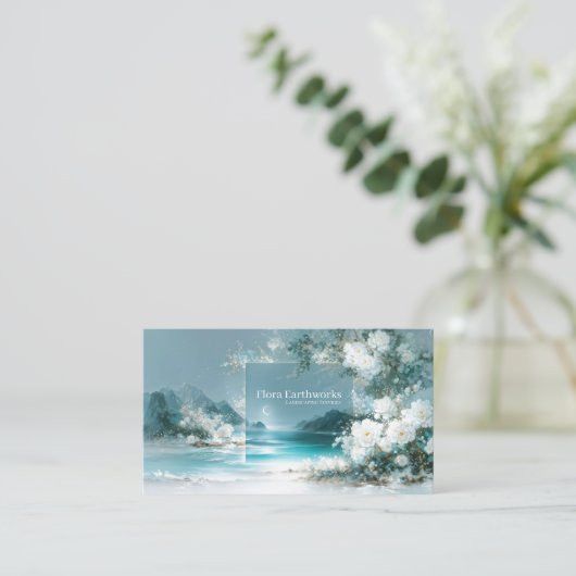 White Rose Floral and Turquoise Coastal Moon Frame 名刺 (スタンド正面)