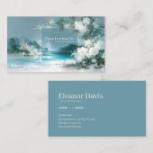 White Rose Floral and Turquoise Coastal Moon Frame 名刺 (正面/裏面)