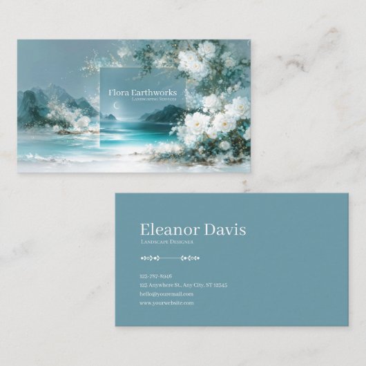 White Rose Floral and Turquoise Coastal Moon Frame 名刺 (正面/裏面)
