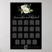 White Rose Floral on Black 19-Table Seating Chart ポスター (正面)