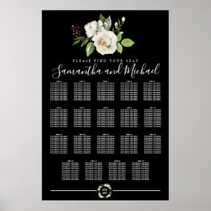 White Rose Floral on Black 19-Table Seating Chart ポスター