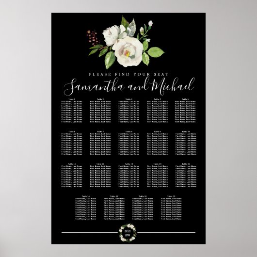 White Rose Floral on Black 19-Table Seating Chart ポスター (正面)