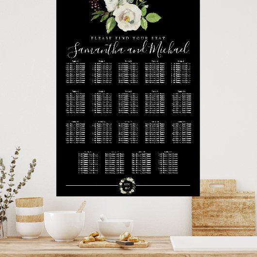 White Rose Floral on Black 19-Table Seating Chart ポスター (キッチン)