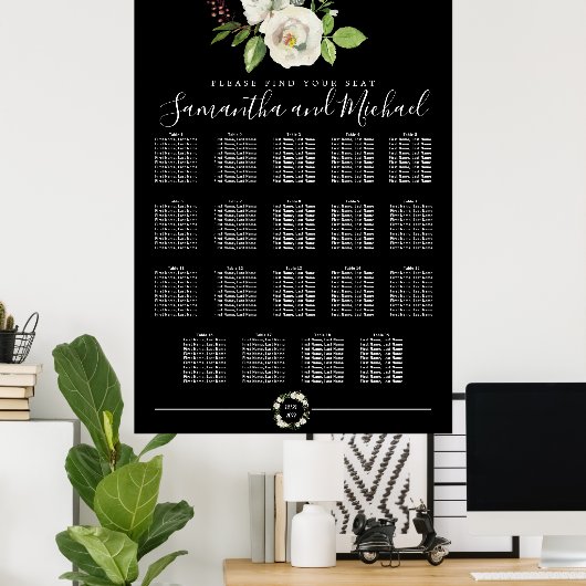 White Rose Floral on Black 19-Table Seating Chart ポスター (ホームオフィス)