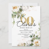 White Rose  & Gold  Dusty Elegant 60th Birthday 招待状 (正面)