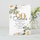 White Rose & Gold Dusty Elegant 60th Birthday 招待状 (スタンド正面)