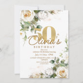 White Rose Gold Elegant Floral 50th Birthday 招待状 (正面)