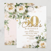 White Rose Gold Elegant Floral 50th Birthday 招待状 (正面/裏面)