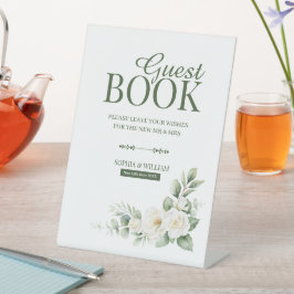 White Rose Greenery Guest Book Tabletop Sign 台座サイン