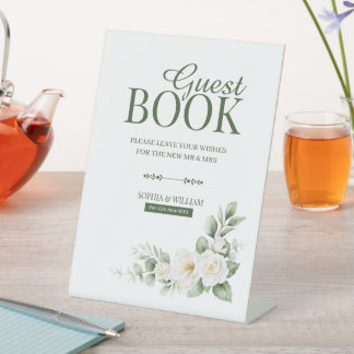 White Rose Greenery Guest Book Tabletop Sign 台座サイン