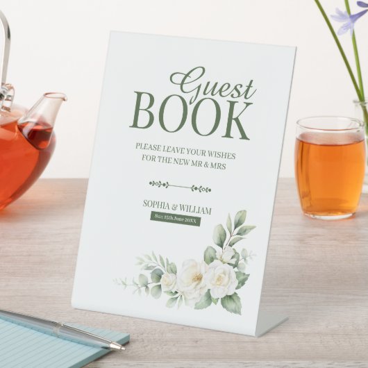 White Rose Greenery Guest Book Tabletop Sign 台座サイン (インサイチュ)